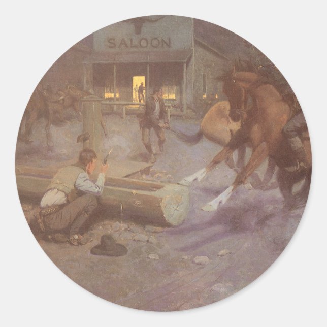 Fight at the Roundup Saloon by Bill Gollings Classic Round Sticker (Front)