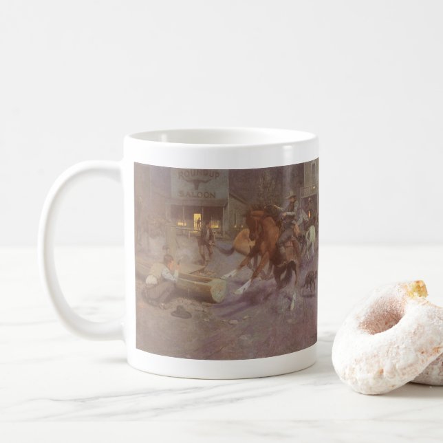 Fight at the Roundup Saloon by Bill Gollings Coffee Mug (With Donut)