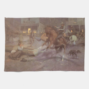 Fight at the Roundup Saloon by Bill Gollings Tea Towel