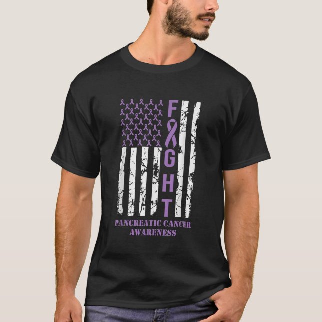 Fight Flag Purple Ribbon Support Pancreatic Cancer T-Shirt (Front)