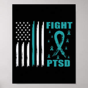Fight Ptsd Teal Ribbon And Flag  Poster