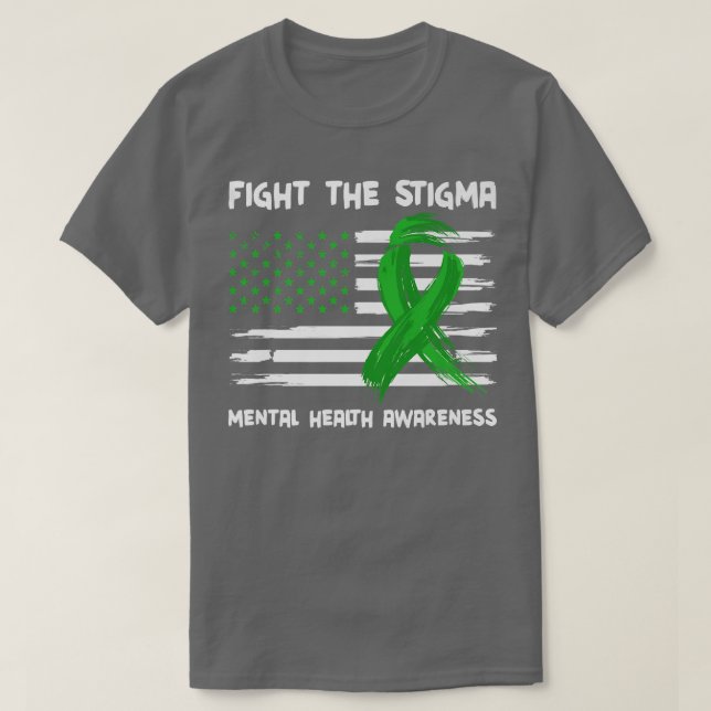 Fight The Stigma Green American Flag Mental Health T-Shirt (Design Front)
