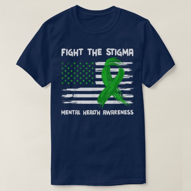 Fight The Stigma Green American Flag Mental Health T-Shirt (Design Front)