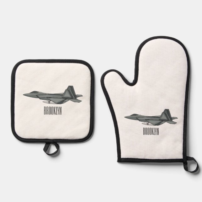 Fighter aircraft cartoon illustration oven mitt & pot holder set (Front)