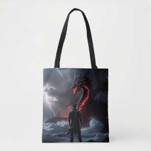 Fighter is challenging a dragon tote bag