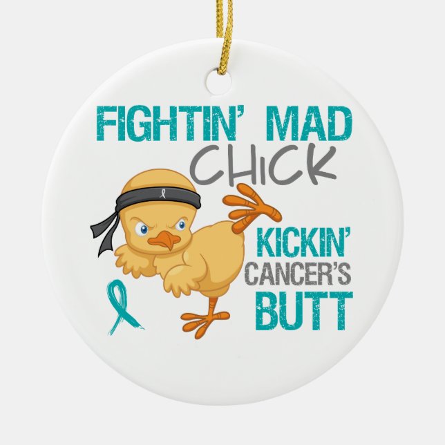 Fightin Chick Ovarian Cancer Ceramic Tree Decoration (Front)