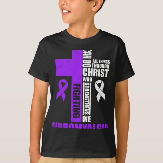 Fighting Fibro Fighter Christian Distressed  T-Shirt (Front)