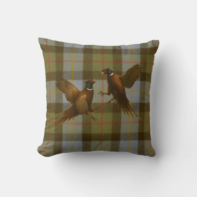 Fighting Pheasants on tweed / tartan background  Cushion (Front)