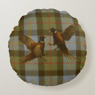 Fighting Pheasants on tweed / tartan background Round Cushion