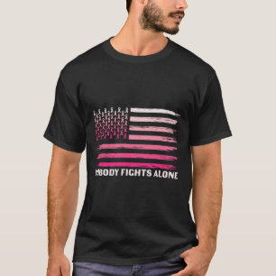 Fights Alone Breast Cancer Usa Flag Pink Ribbon T-Shirt