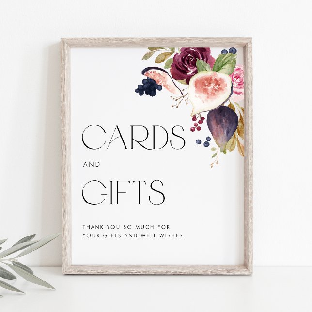 Figs and Berry Floral Wedding Cards and Gifts Poster (Watercolor cards and gifts sign with watercolor figs, berries and flowers. Perfect for fall events.)