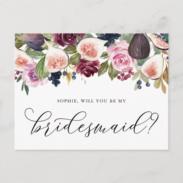 Figs and Purple Flowers Will You Be My Bridesmaid Postcard (Front)