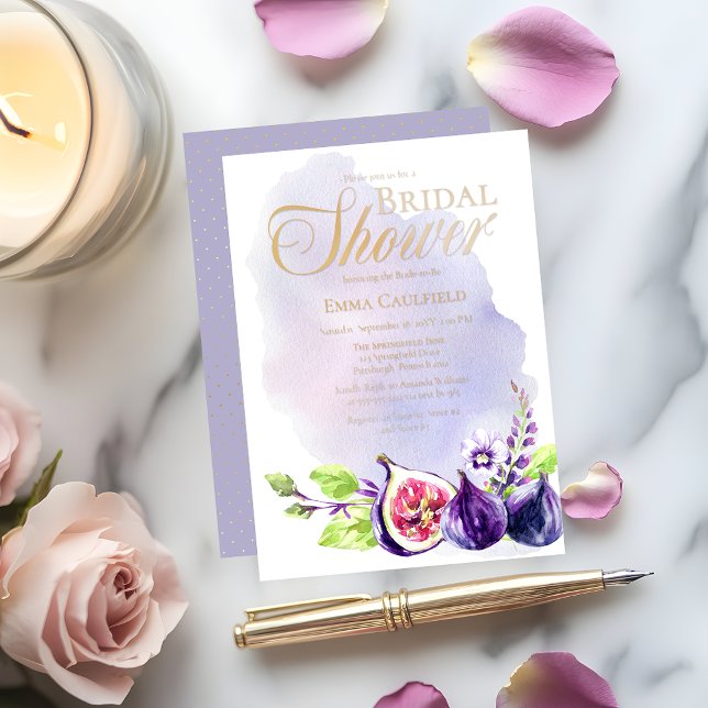 Figs Boho Purple Lavender Floral Bridal Shower (Boho Figs and Floral Purple and Lavender Bridal Shower Gold Foil Invitation)