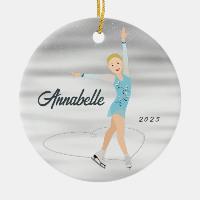 Figure Skater Blonde in Aqua Ceramic Tree Decoration (Front)