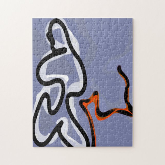 Figure with Feline: Abstract Blue, Orange, B & W Jigsaw Puzzle (Vertical)