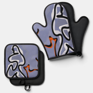 Figure with Feline: Abstract Blue, Orange, B & W Oven Mitt & Pot Holder Set