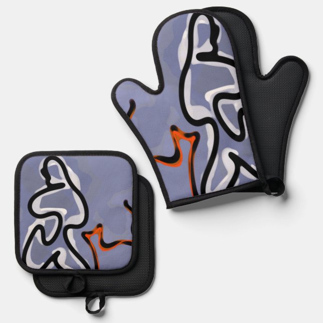Figure with Feline: Abstract Blue, Orange, B & W Oven Mitt & Pot Holder Set (Front/Back)