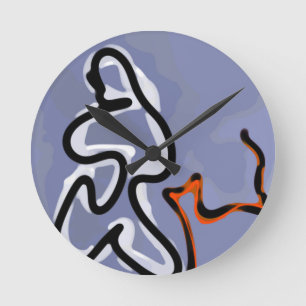 Figure with Feline: Abstract Blue, Orange, B & W Round Clock