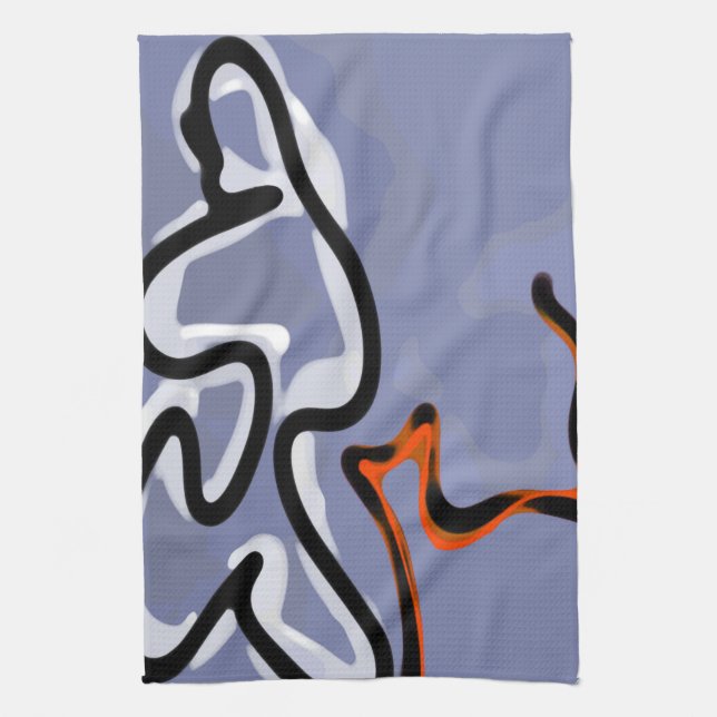 Figure with Feline: Abstract Blue, Orange, B & W Tea Towel (Vertical)