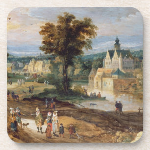 Figures in a landscape with village and castle bey coaster