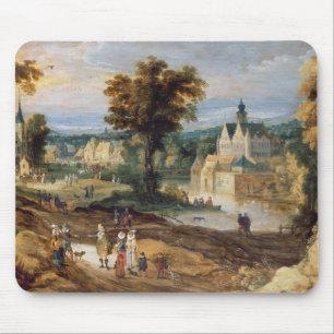 Figures in a landscape with village and castle bey mouse pad