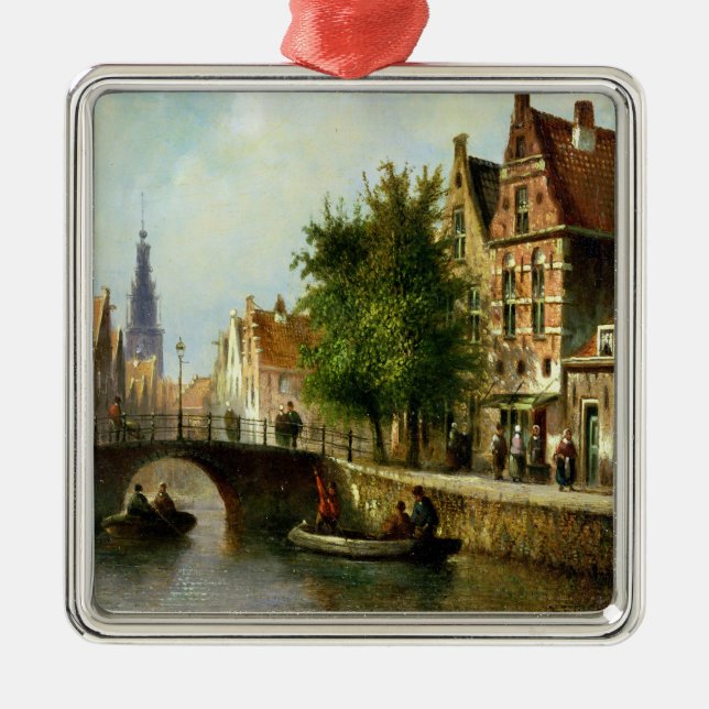 Figures on a Canal, Amsterdam (oil on panel) Metal Tree Decoration (Front)