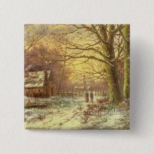 Figures on a path before a village in winter 15 cm square badge