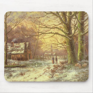 Figures on a path before a village in winter mouse pad