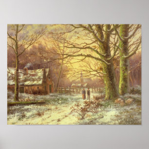 Figures on a path before a village in winter poster