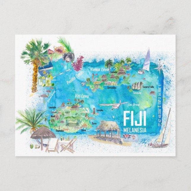 Fiji Illustrated Polynesia Island Travel Map  Postcard (Front)
