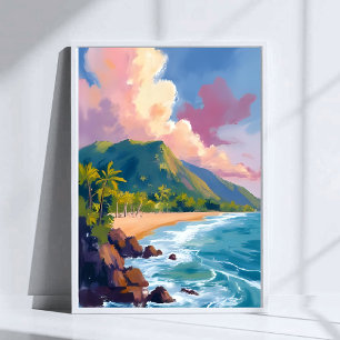 Fiji Mountains Coastline Travel Painting Poster