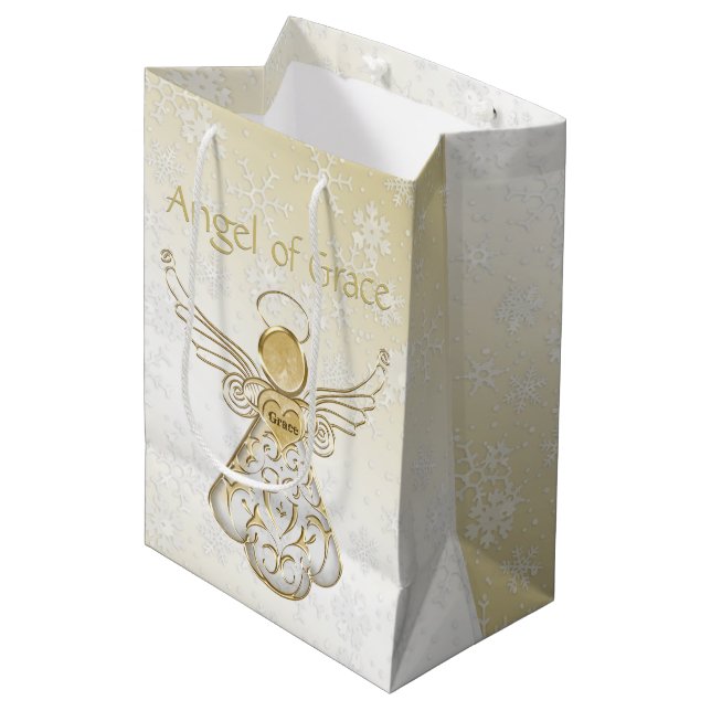 Filigree Angel of Grace Gold Ombre Snowflakes Medium Gift Bag (Front Angled)