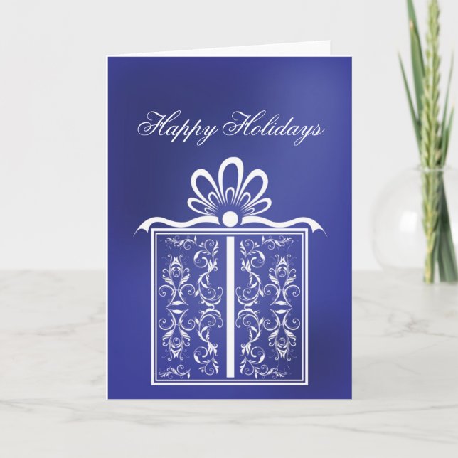 Filigree Blue Present Holiday Card (Front)
