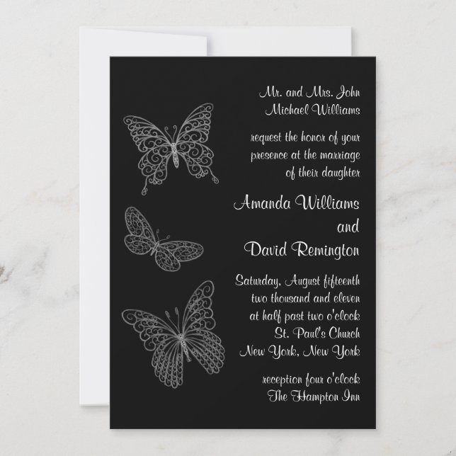 Filigree Butterfly Wedding Invitation in Black (Front)