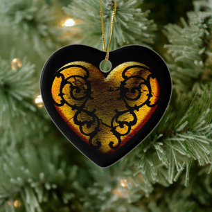 Filigree Goth Gold Heart Ceramic Tree Decoration