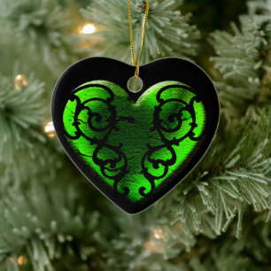 Filigree Goth Green Heart Ceramic Tree Decoration