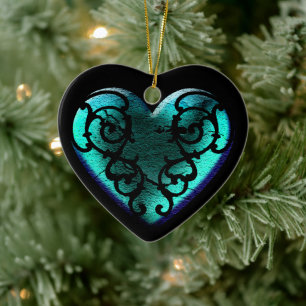 Filigree Goth Ice Blue Heart Ceramic Tree Decoration