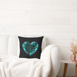 Filigree Goth Ice Blue Heart Cushion