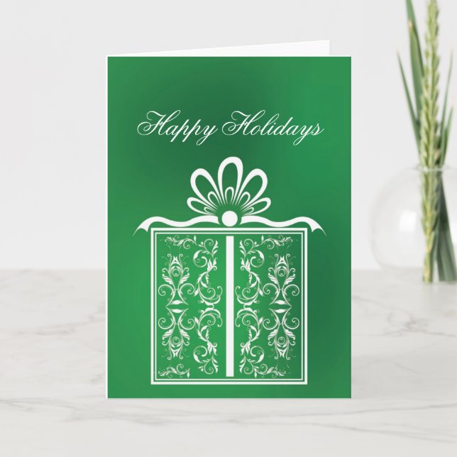 Filigree Green Present Holiday Card (Front)