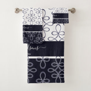 Filigree Pattern Monogram Stylish Elegant  Navy Bath Towel Set