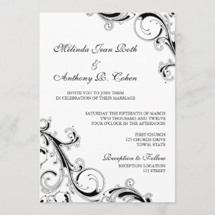 Filigree Swirl Black w/White 5x7 Wedding Invitation