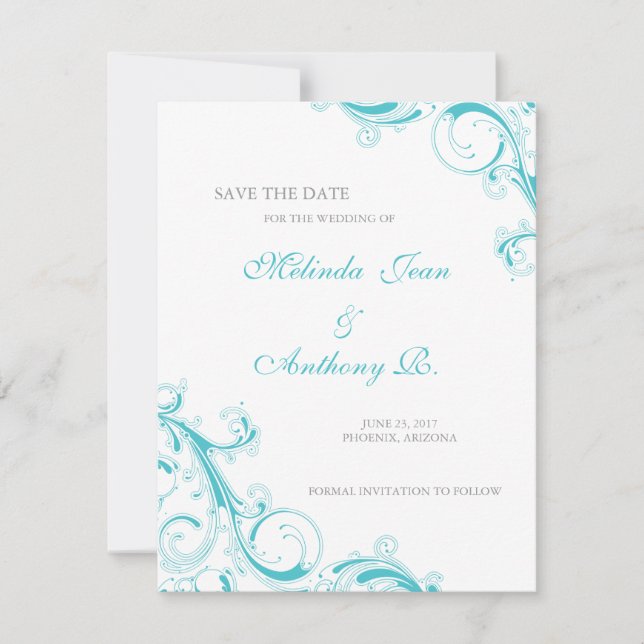 Filigree Swirl Blue Curacao Save the Date (Front)