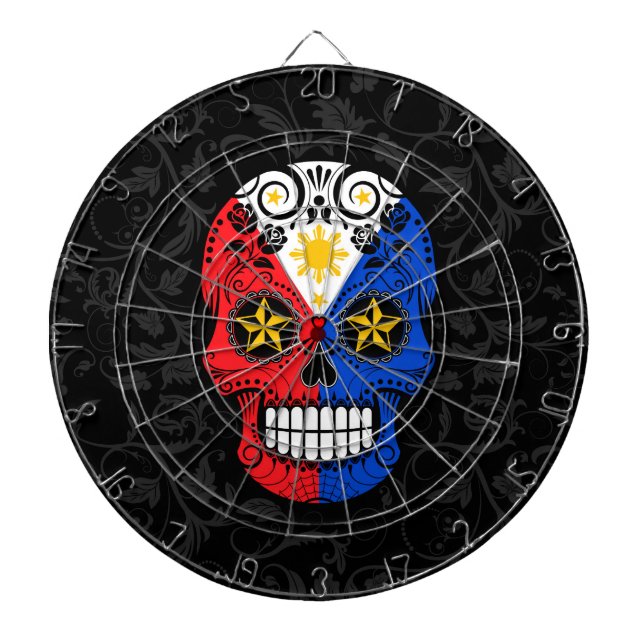 Filipino Flag Sugar Skull with Roses Dartboard (Front)