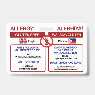 FILIPINO Gluten Free Travel Card   Allergy Badge ID Badge