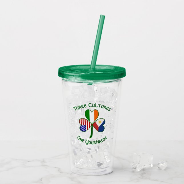 Filipino Irish American Flags Shamrock Personalise Acrylic Tumbler (Back Ice)