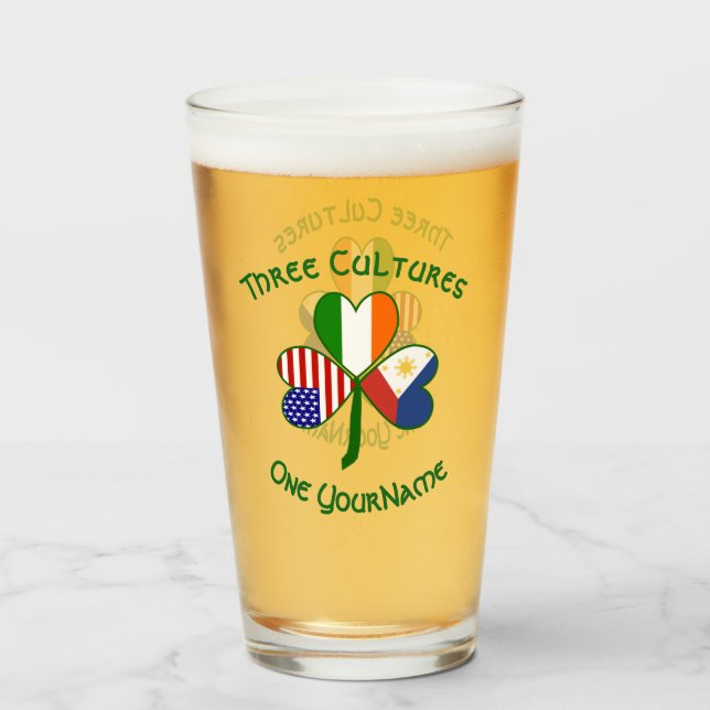 Filipino Irish American Flags Shamrock Personalise Glass (Front Filled)