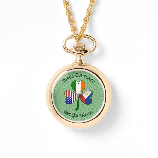 Filipino Irish American Flags Shamrock Your Name Watch (Front)