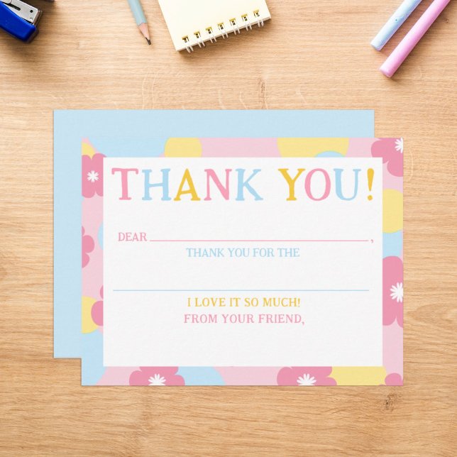 Fill-In Thank You Girls Floral Pink Note Card (Creator Uploaded)