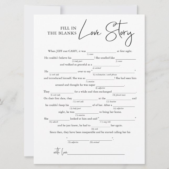 Fill in the Blanks Love Story | Bridal Shower Game Card (Front)