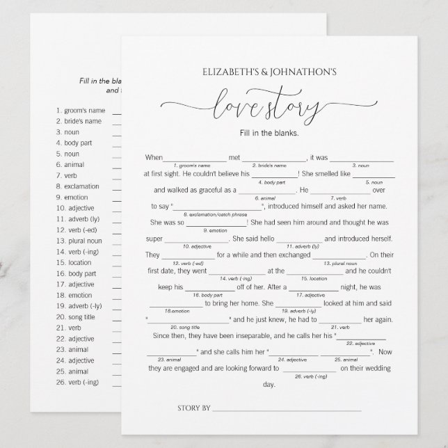 Fill in the Blanks Love Story Bridal Shower Game Invitation (Front/Back)